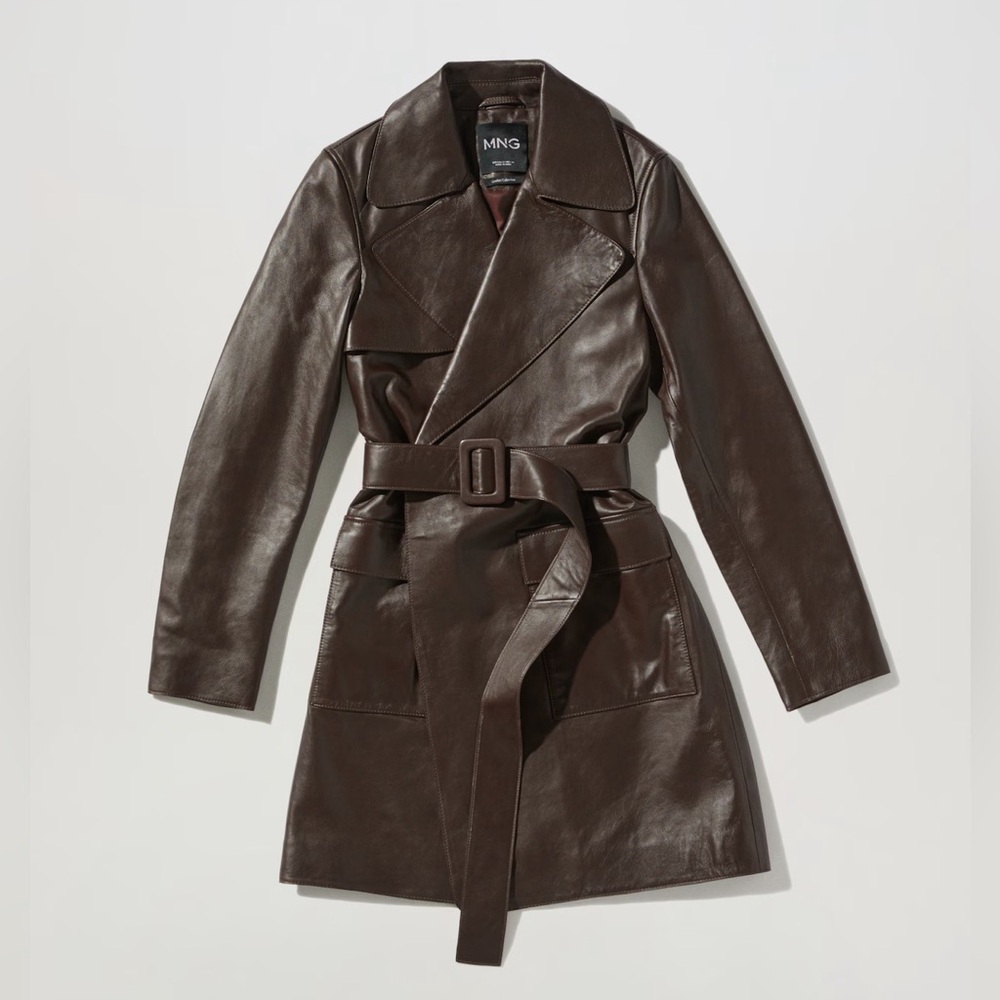 Mango 100% brown leather robe short trench coat